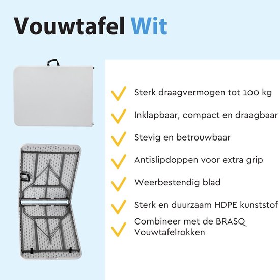 BRASQ Inklapbare Vouwtafel Wit - 180x70x74cm- Campingtafel - Klaptafel - Weerbestendig - Tafel met draaghandvat van Merkloos — afbeelding 4