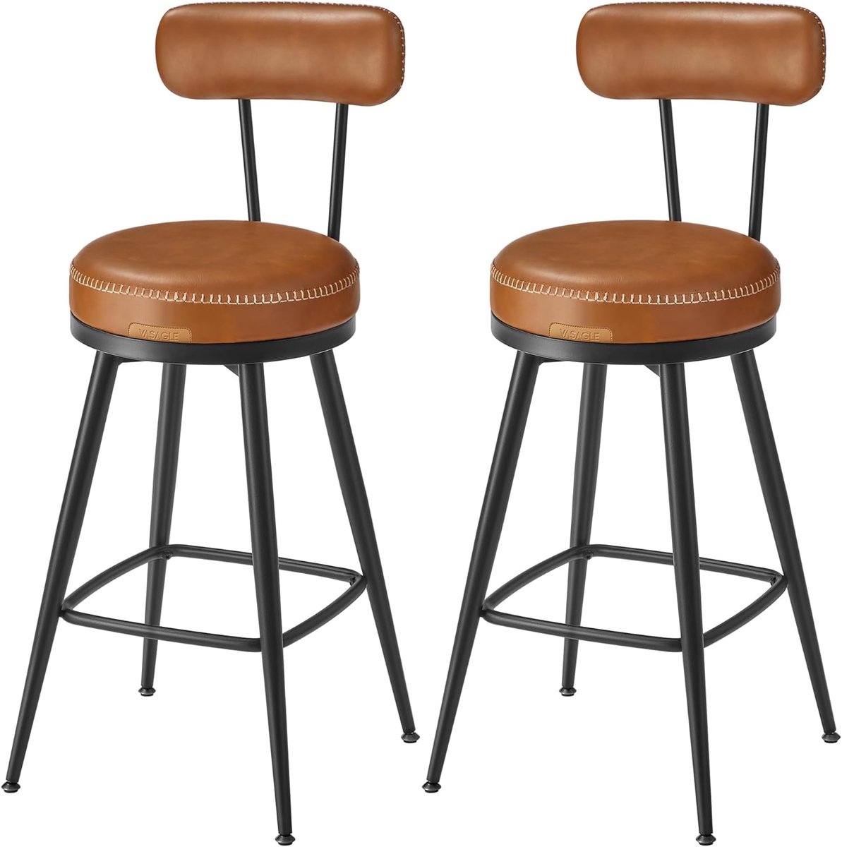 Furnstar - Barkruk set van 4 - 360° draaibare barkruk - Kruk met rugleuning voor keukeneiland - Kunstleer met naden - Mid-Century moderne stijl - 65 cm hoog - Keuken huisbar - Karamelbruin