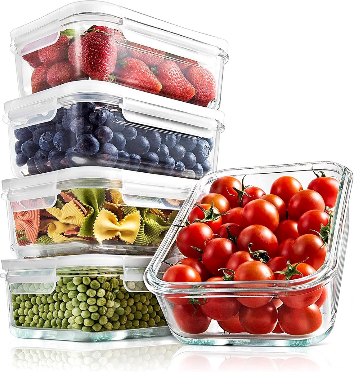 10-Delige Glas Voedselopslag Containers - Stapelbare Maaltijdvoorbereiders - Lekvrije Klapdeksels met Luchtgat - Vriezer-naar-oven-veilig