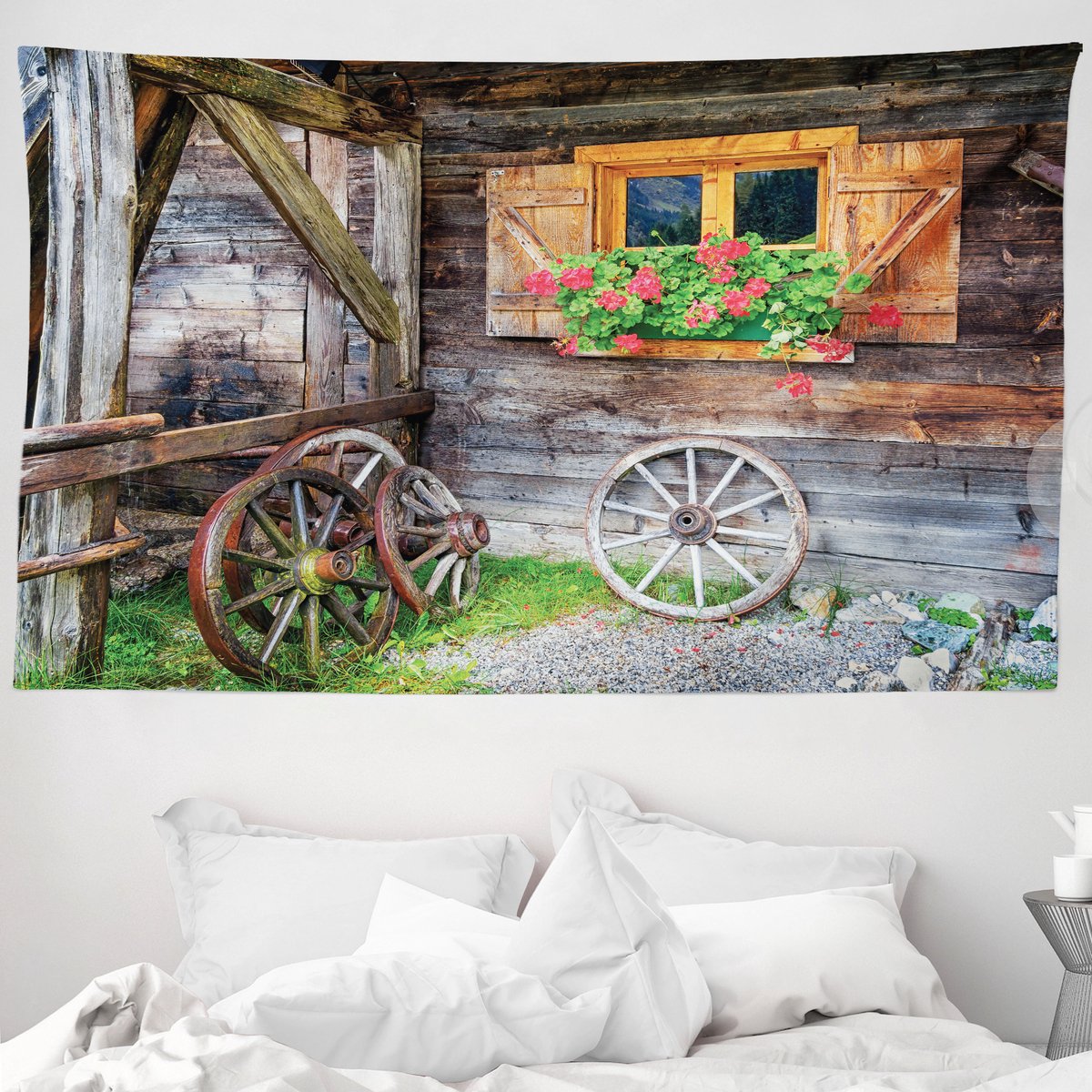 ABAKUHAUS Raamluik Wandtapijt en Sprei, Landelijke Boerderijstijl, 230 x 140 cm, Bruin Groen Rood