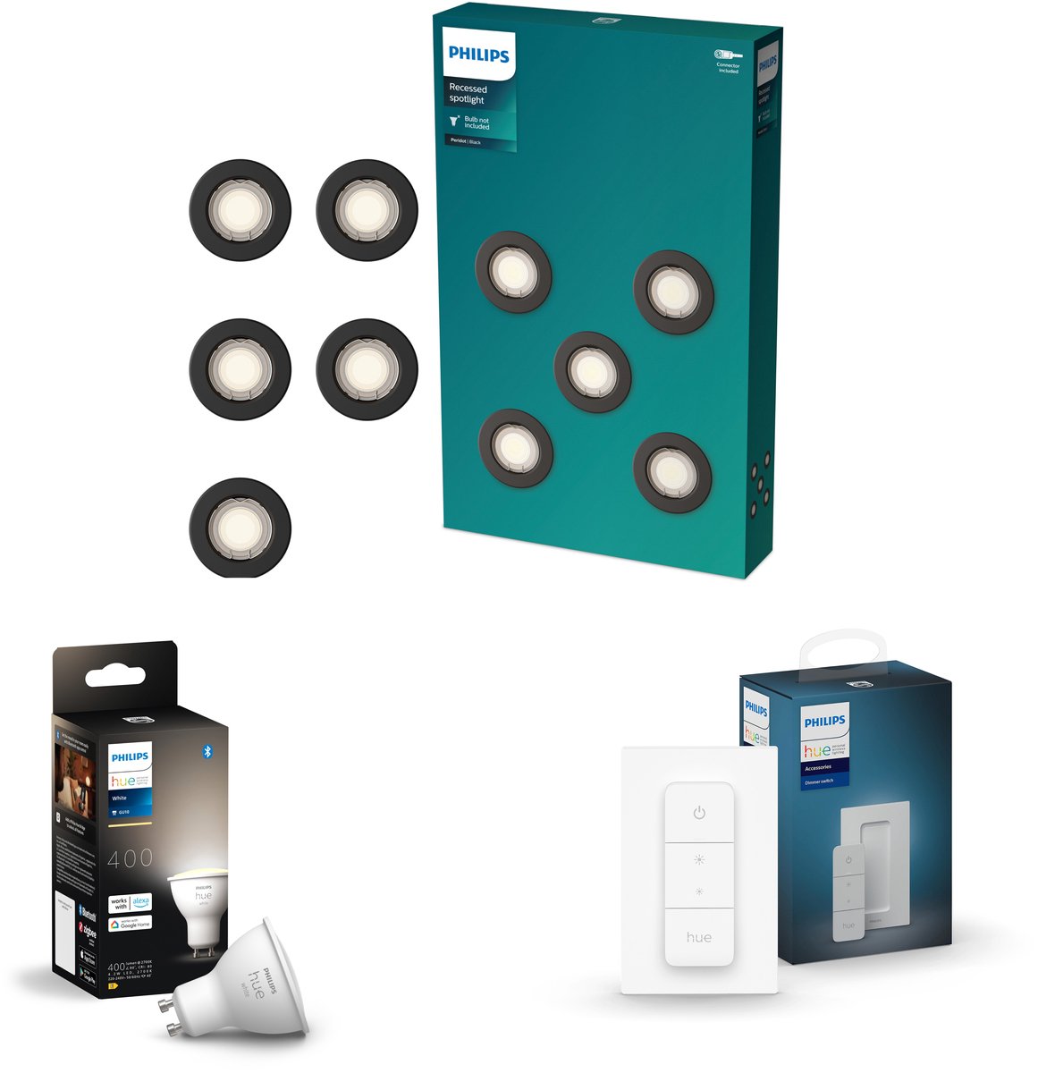 Philips Hue Peridot Set van 5 Inbouwspots (Zwart) - Rond - Niet Richtbaar - GU10 - Warmwit Licht - Incl. Hue Dimmer Switch - Hue White – foto 7