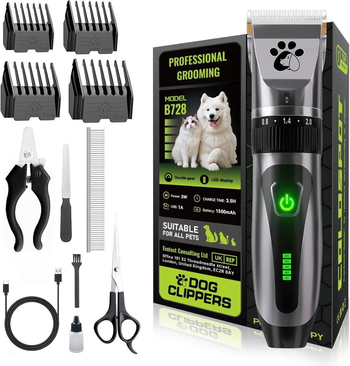 Draadloze professionele huisdiertondeuse - 2 snelheden, geluidsarm - Voor kleine, grote en dikke haren - Honden en katten