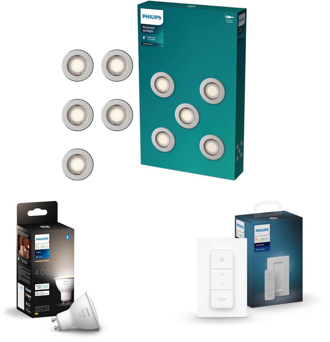 Philips Hue Peridot Set van 5 Inbouwspots (Nikkel) - Rond - Niet Richtbaar - GU10 - Warmwit Licht - Incl. Hue Dimmer Switch - Hue White – foto 7