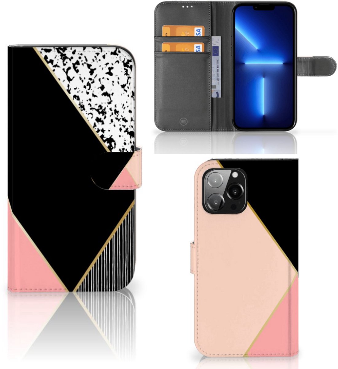 iPhone 13 Pro Max Book Case Zwart Roze Vormen