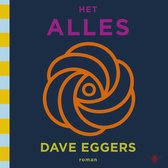 Boekomslag 'Het Alles' met roze en paarse tekst, een oranje cirkelvormig symbool en een verticale gestreepte band.