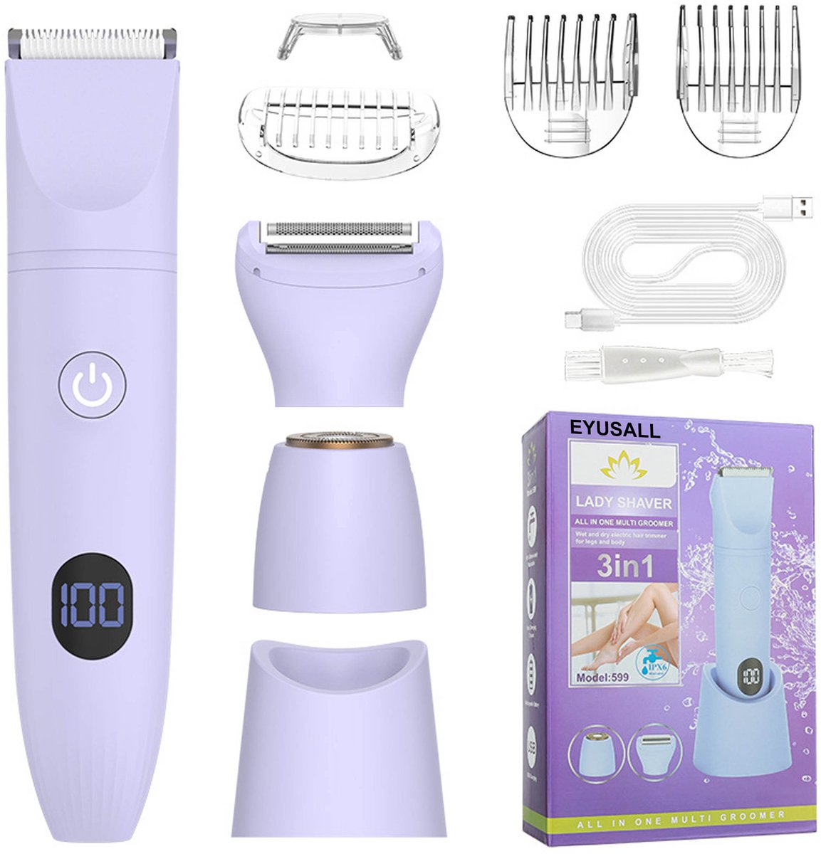 EYUSALL 3-In-1 Dames Elektrische Scheerapparaat - IPX6 Waterdicht - Nat & Droog Gebruik - Voor Lichaam & Intieme Zone