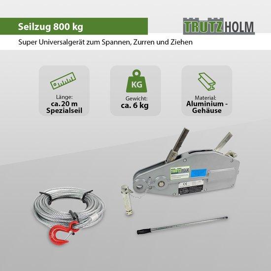 Zilverkleurige kabeltakel, 800 kg, met 20m kabel, rode hijshaak, pen en bedieningshendel.