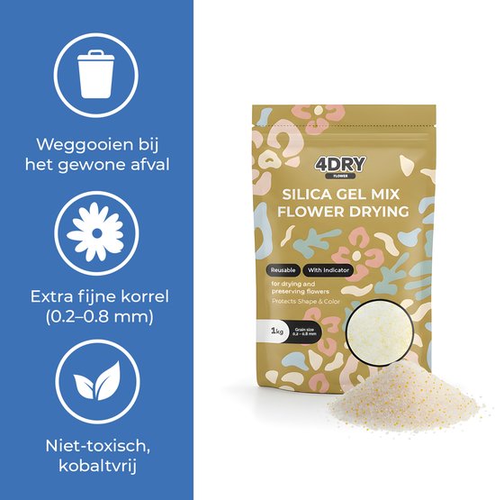 4DRY Flower Mix met Kleurindicator | 2 kg | Hersluitbare zak | Silica Gel voor Bloemen Drogen | Wit 0,2 - 0,8mm | Fijne korrel