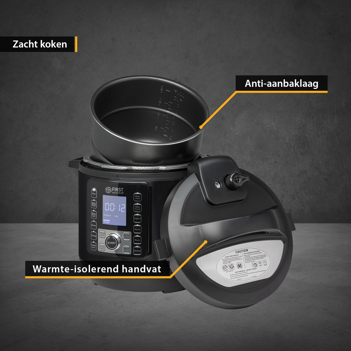 TZS First Austria Multicooker - 6L - 1000W - Snelkookpan - Rijstkoker - 12 Kookfuncties - RVS - Timer - Zwart – foto 7