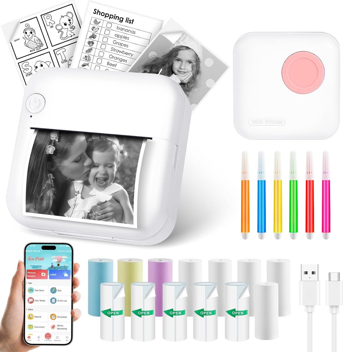 Draagbare Mini Foto Printer - Draadloze BT Thermische Printer met 7 Kleuren - Mobiele Foto Printer
