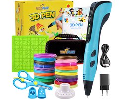 TinyPlay 3D Pen Starterspakket XXL – 3D tekenen - 100m Vullingen PLA Filament 1.75 mm – 3d pennen tekenset - Voor kinderen - Sjablonen boek - Opbergcase en tekenmat – Blauw