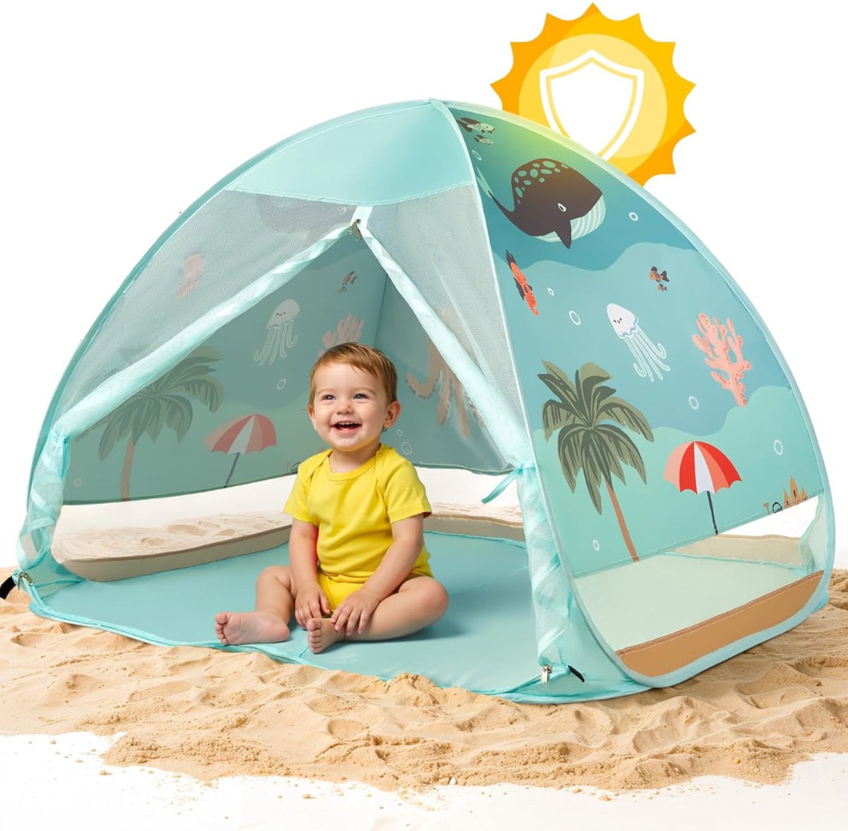 CLVP® Strandtent UV Bescherming - Strandtent Baby Pop Up – Strandtentje Extra Licht – Strandschelp – Strand Tent –Blauwgroen