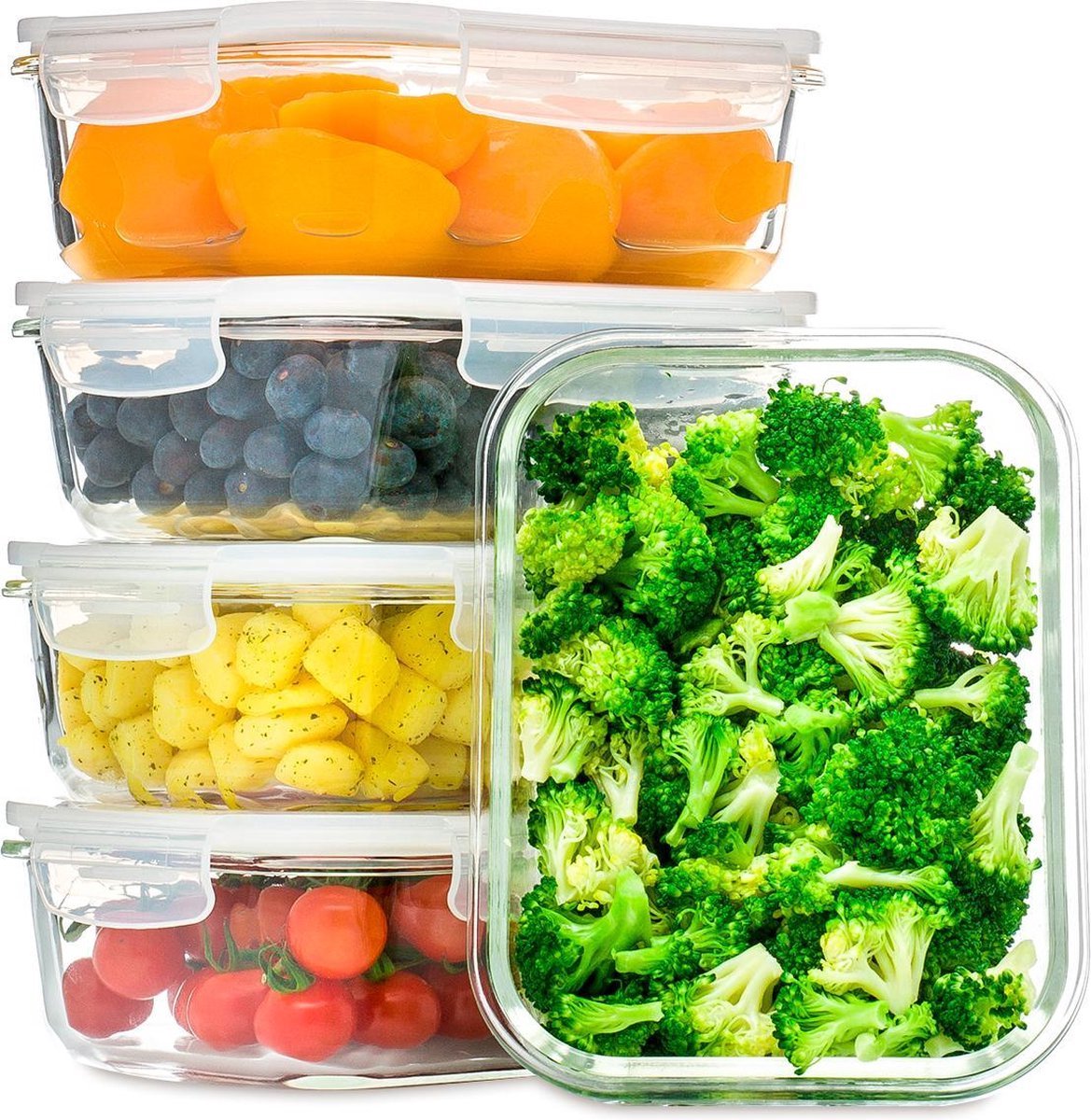Weissberg glazen grote vershoudbakjes 1000 ml (5 stuks) meal Prep met deksel magnetronbakjes vershouddoos luchtdicht - 21x15x7cm