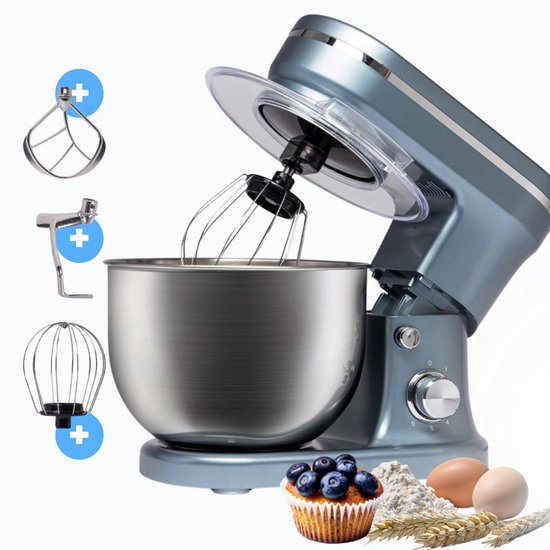 BluMill Keukenmachine - RVS - 6 Snelheden - Keukenmachine met kom - 5 Liter - met Accessoires - 1200W - Metallic Blauw