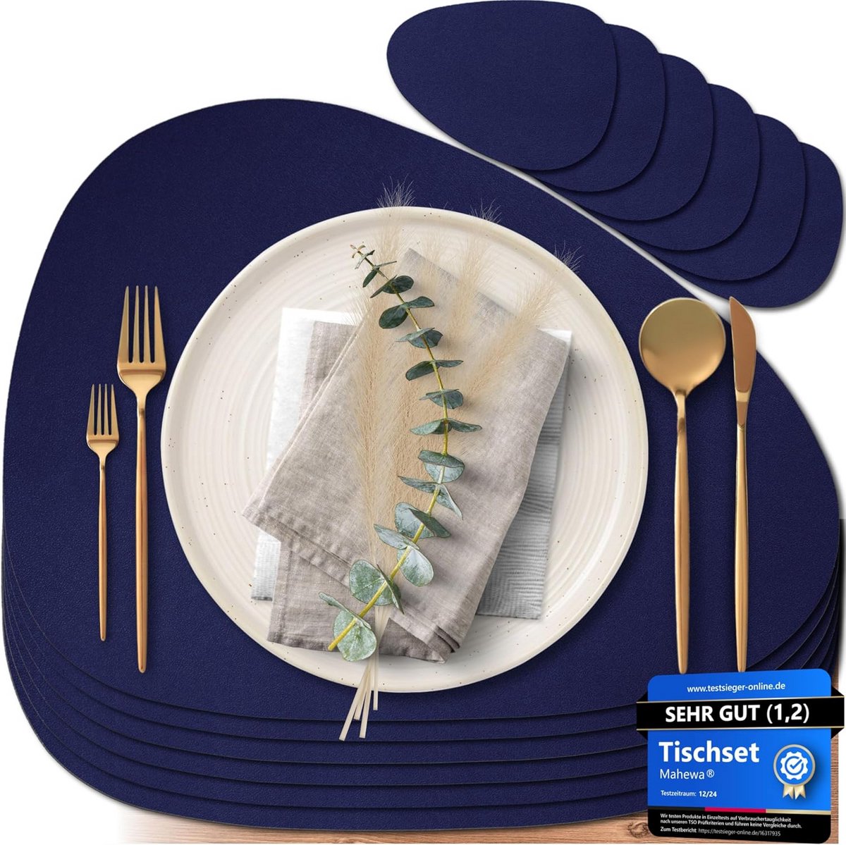 Set van 6 premium afwasbare en waterdichte placemats in lederlook - ovaal, donkerblauw