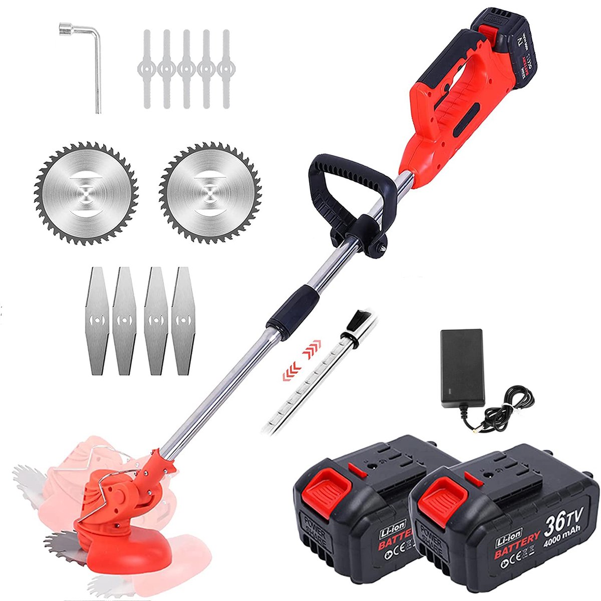 36V Grastrimmer-Draaibare kop-Telescopische-inclusief 2 x 4,0 Ah Accu's-3 Soorten messen-Draadloze