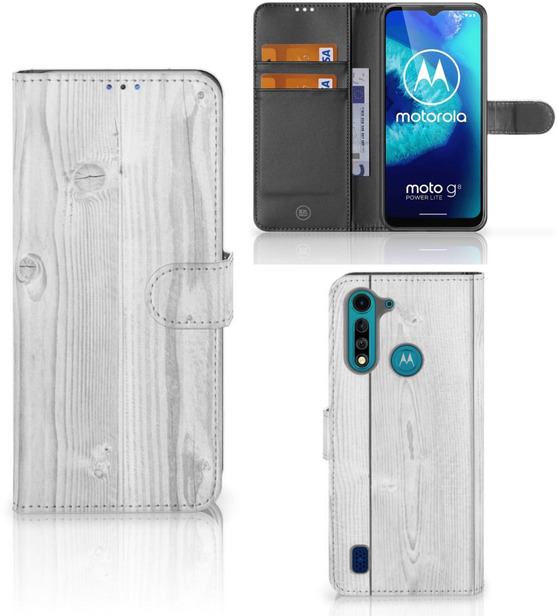 Motorola G8 Power Lite Book Style Case White Wood