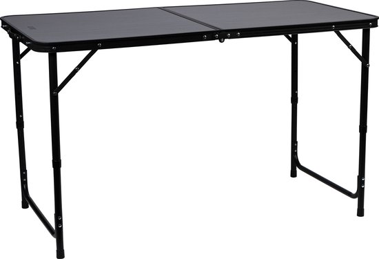 Grijze, opvouwbare campingtafel met metalen frame en gepolijst tafelblad.