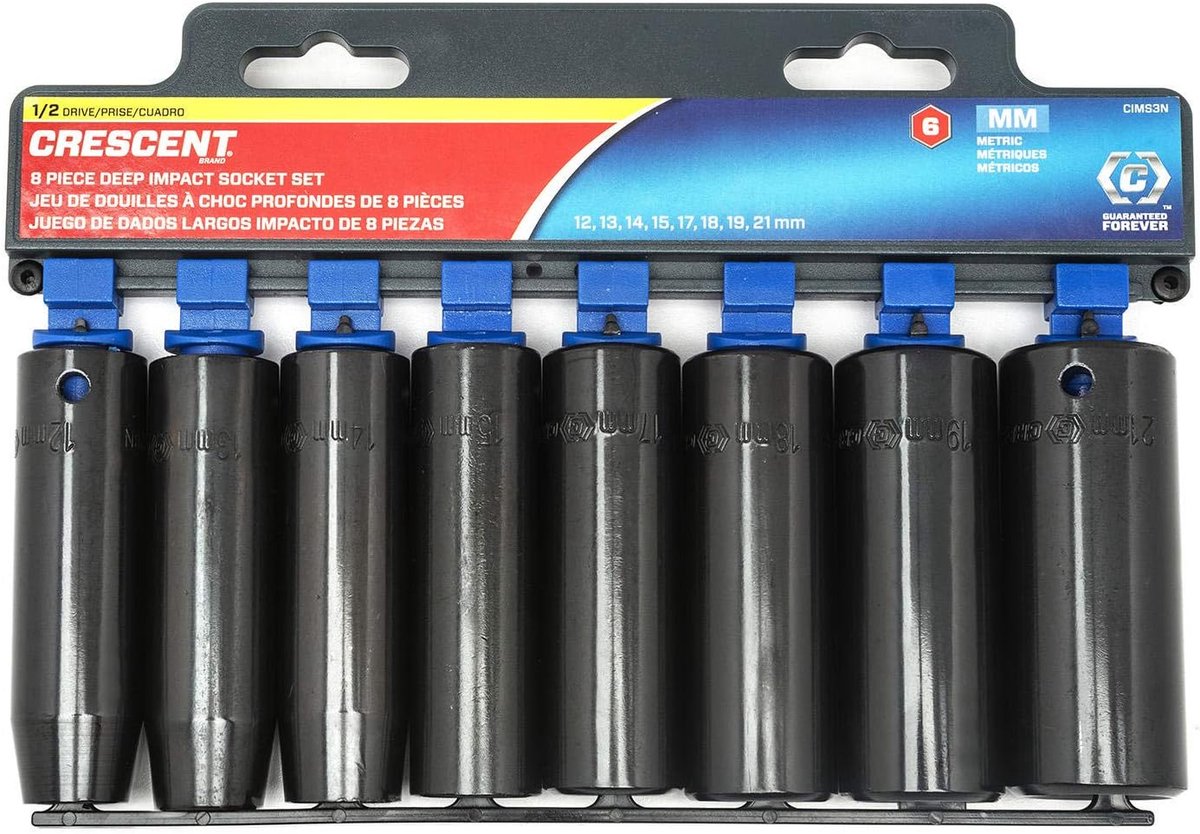 8-delige 1/2" 6-punts diepe impact metrische doppenset