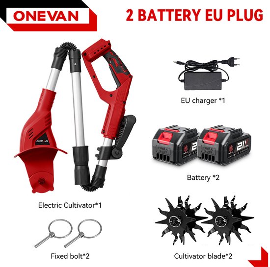 ONEVAN Accu Grondfrees - Elektrisch Tuinfrees - 330 tpm - met 2x Accu's - Draadloze Motorhak - 15 cm werkdiepte - 20 cm werkbreedte van ONEVAN — afbeelding 3