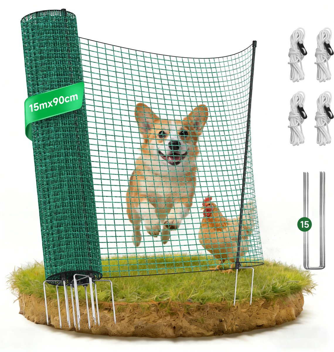 Omheiningsnet voor Hond, Kat, Kip of Kleine Dieren – 90 cm Hoog – 20 m – Verplaatsbaar Tuinhek met Palen, U-Haringen & Spanlijnen – Complete Set – Direct Gebruiksklaar