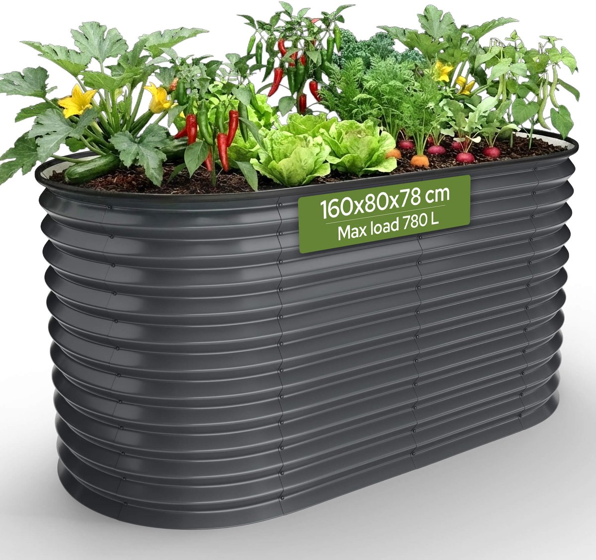 AREBOS Verhoogde Plantenbak Ovaal 160x80x78 cm Verzinkt Staal 780 L Tuinbed