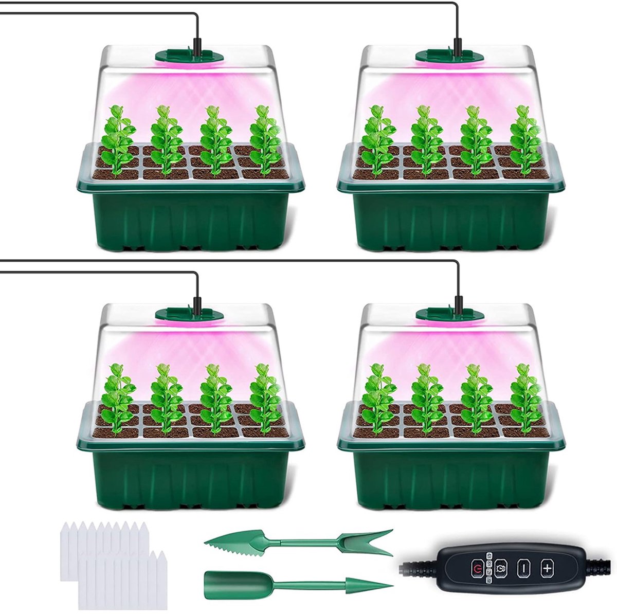 MUPOO Kweekbak met Groeilamp en Timer - Moestuin Kweekkas met Hoge Deksel -full spectrum- Zaaitrays voor Zaailingen - Verstelbare Ventilatie - Full Spectrum LED - Voorgroeien - Binnenkweken - 4 pack
