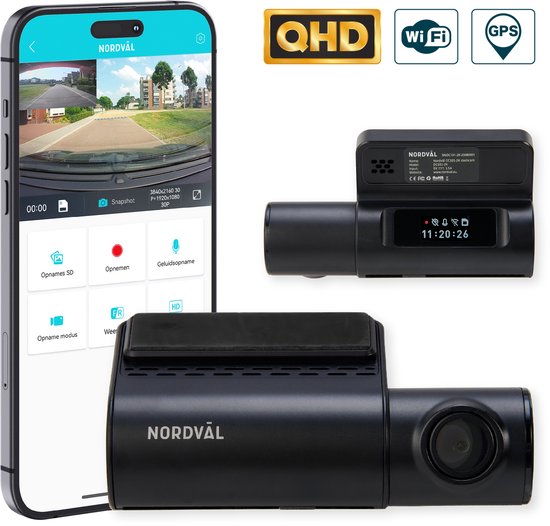 Nordväl DC101-2K Dashcam – 2K QHD – Wifi – GPS – Parkeermodus – Nachtzicht – Super compact – Auto camera - Dashcam voor auto
