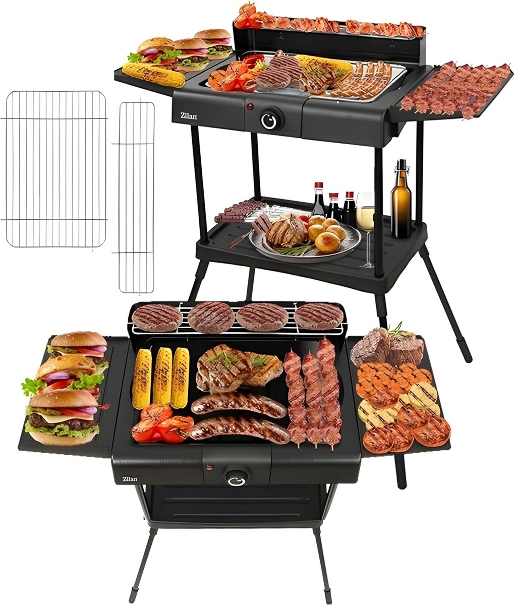 Zilan Staande Elektrische Barbecue – 2400W BBQ met Waterbak, Windscherm & 2 Zijtafels – In Hoogte Verstelbaar Grillrooster