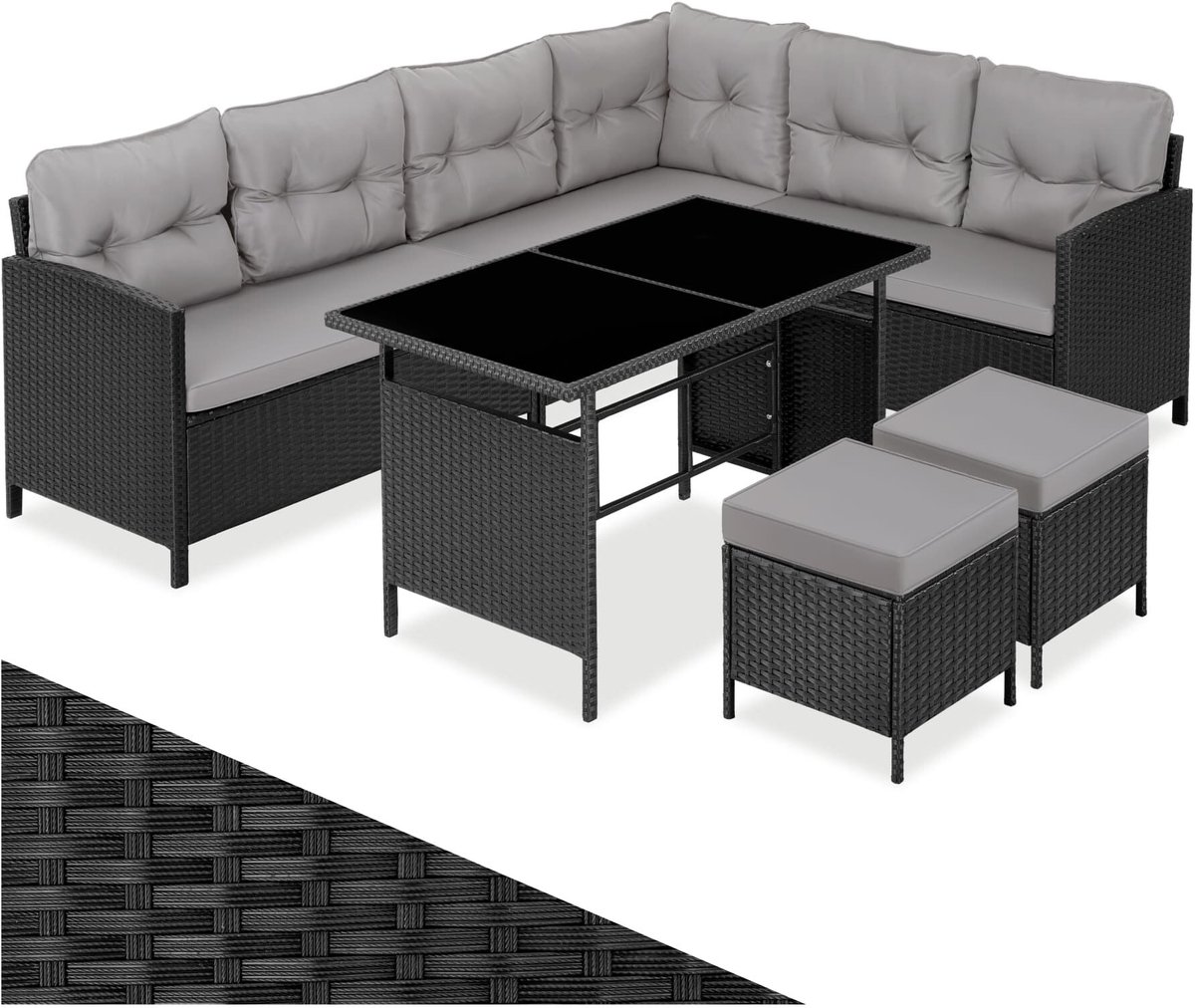 tectake® Loungeset Barletta - 6 tot 8 Personen - Modulaire Tuinset met Loungebank, Kruk en Tuintafel - Tuinmeubels - Balkonmeubel - 5-delige Zitgroep - Inclusief Kussens - Ideaal voor Tuin, Terras en Balkon - Zwart met Grijze Kussens