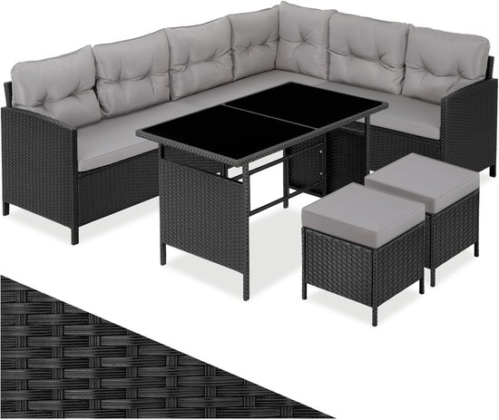 tectake® Loungeset Barletta - 6 tot 8 Personen - Modulaire Tuinset met Loungebank, Kruk en Tuintafel - Tuinmeubels - Balkonmeubel - 5-delige Zitgroep - Inclusief Kussens - Ideaal voor Tuin, Terras en Balkon - Zwart met Grijze Kussens