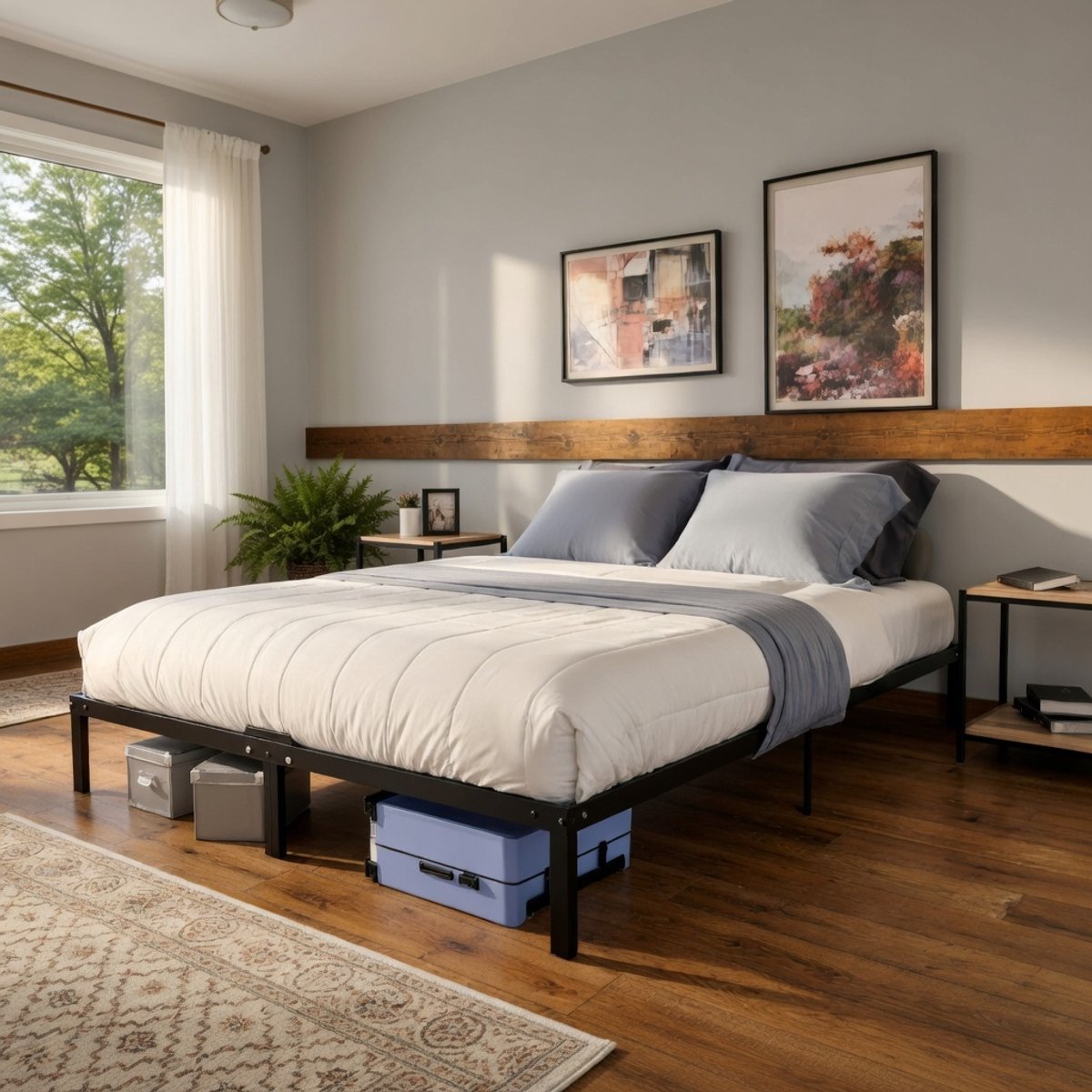 NovaLift Metalen Bedframe 160x200 met Lattenbodem – Stevig Stalen Bed 35 cm Hoog met Grote Opbergruimte – Modern Industrieel Design – Geschikt voor Alle Matrassen – Zwart - Vita Interior