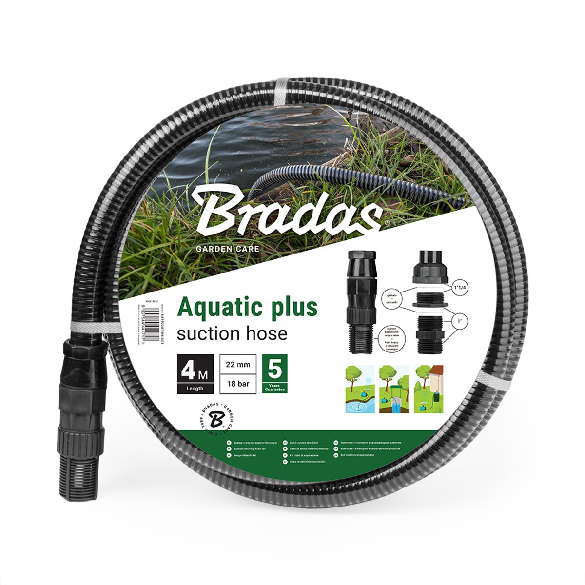 AQUATIC PLUS Zuigslangset 4 mtr - zwart - incl. aanzuigkorf met terugslagklep en koppeling - aanzuigslang