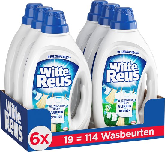 Voordeelverpakking van Witte Reus vloeibaar wasmiddel. 6 flessen met blauwe dop, goed voor 114 wasbeurten.