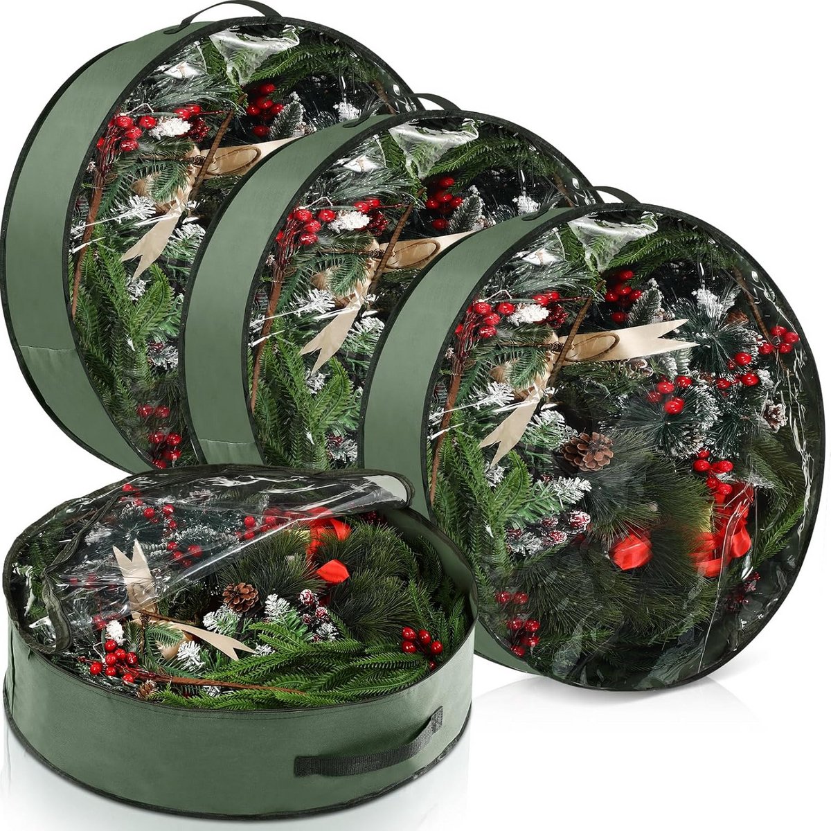 Kerstkrans opbergcontainers - 4-pack met doorzichtig venster en handgrepen