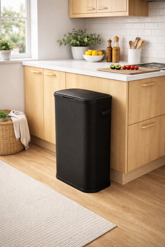 Zwarte prullenbak met gesloten deksel op een houten aanrecht in een keuken.