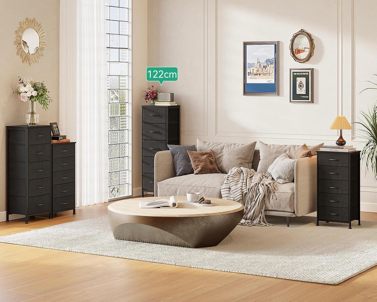 Commode met 5 Stoffen Lades – 40x30x120 cm, Slanke Ladekast voor Slaapkamer & Woonkamer met Verstelbare Poten & X-Balk | Zwart