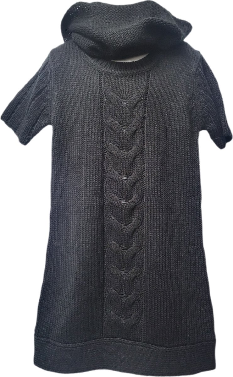 Blue Seven - Meisjes Gebreide Jurk - Kleur Zwart - Korte Mouwen - Losse Col - Maat 140
