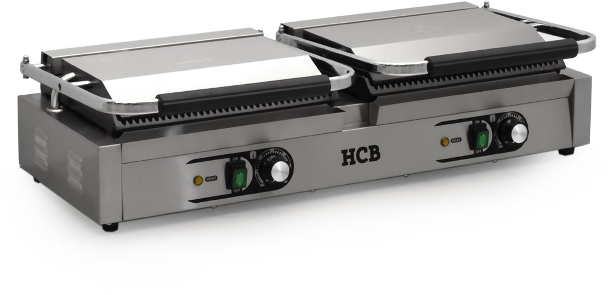 HCB® - Professionele Horeca Paninigrill - dubbel - geribbeld - 2 x 230V - RVS / INOX panini grill - Tosti apparaat - contact grill - 30.5x84.5x20 cm (DxBxH) - 20 kg - 6848 thumbnail 2