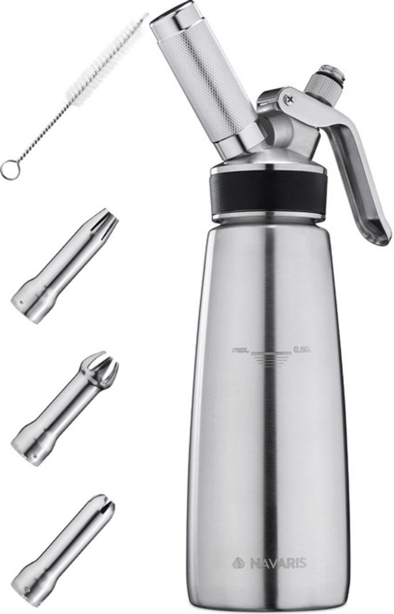 Navaris Professionele Slagroomspuit met Patronen - RVS Garneerspuit - Slagroom Apparaat incl. 3 Spuitmondjes - 0.5 Liter - Warme & Koude Bereiding - Slagroompatronen
