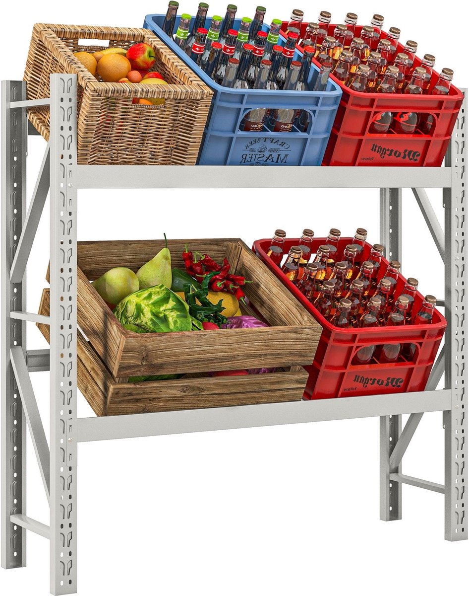 Drankenkistenrek – Bewaarkastje – Opbergrek – Krattenrek – Stelling – Wit Stalen Frame – Verstelbare Hoogte – 110x30x110 cm – 6 Kratten capaciteit