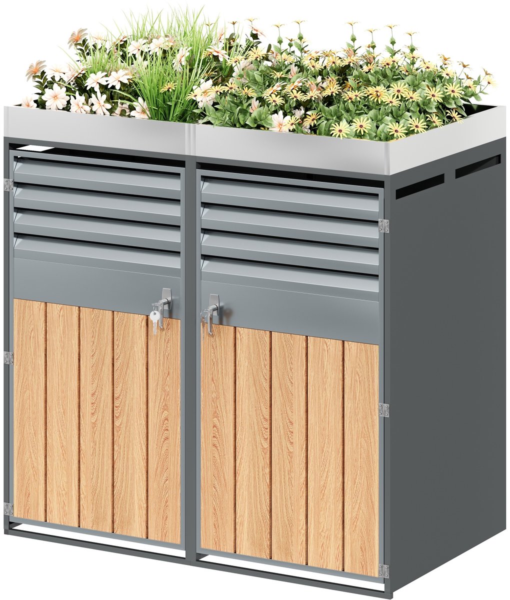 Clruro Containerkast - 2 Vakken - met Plantenbak - Afsluitbaar - Verzinkt Staal - Houtnerf en Grijs