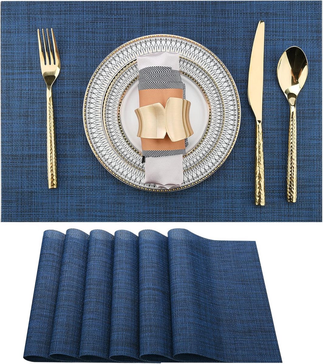 Set van 6 Marineblauwe Placemats - Wasbaar & Hittebestendig Tafelmat