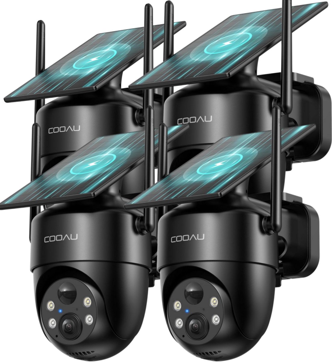 COOAU C5 Beveiligingscamera - Draadloze 2K Beveiligingscamera voor buiten - 360° Gekking - Geïntegreerd zonnepaneel - kleuren-Nachtzicht - Alexa - 4 Stuks - Zwart