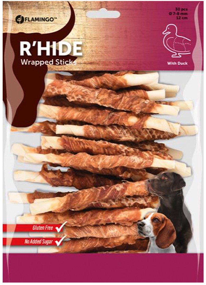 cocapet - hondensnack - R hide wrapped stick met eend - 7a8mm x 12 cm 30 st - 350 gr - glutenvrij - geen toegevoegde suiker -tanverzorgend