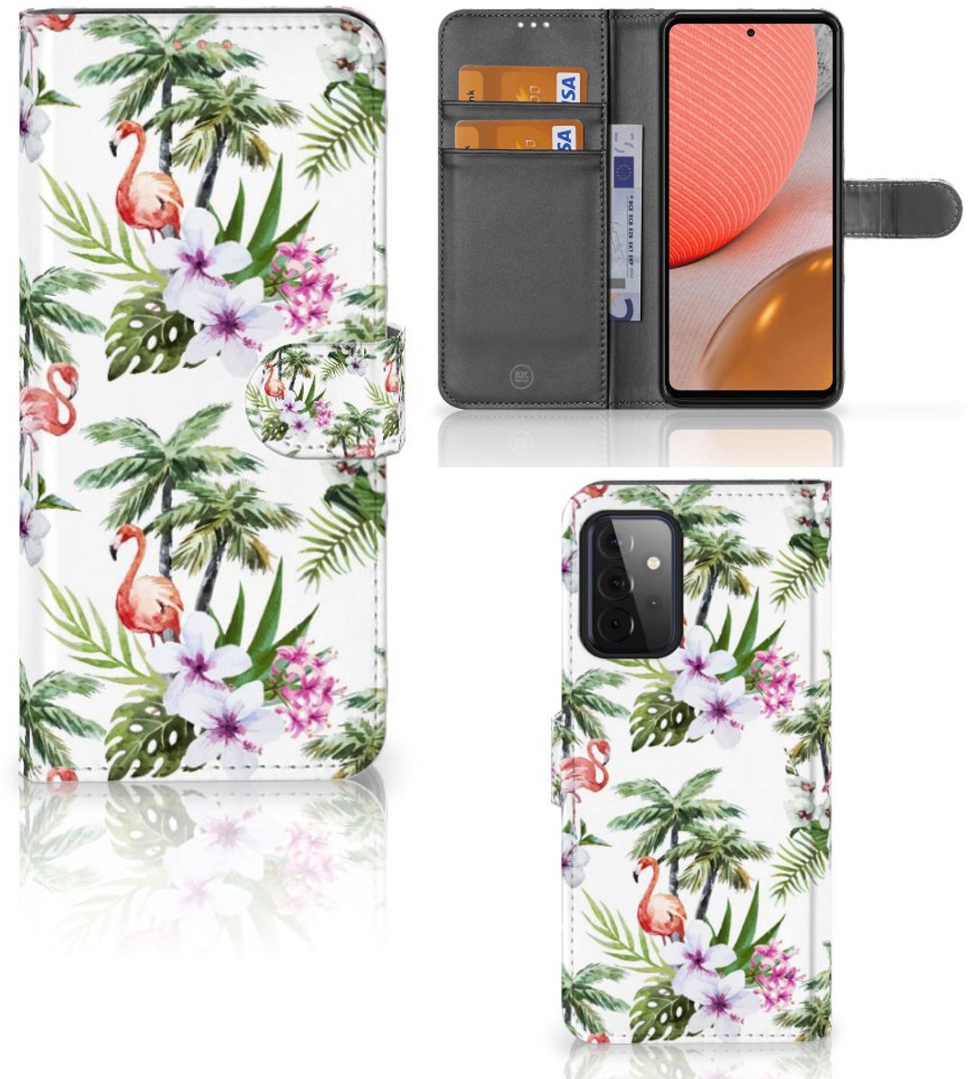 Book Case voor Samsung Galaxy A72 Telefoonhoesje met Pasjes Flamingo Palms