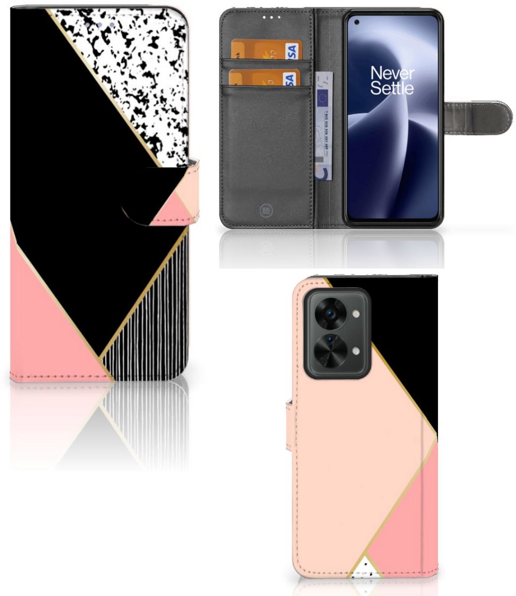 OnePlus Nord 2T Book Case Zwart Roze Vormen
