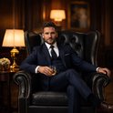 Man in pak zittend in een zwarte leren wingback fauteuil met capitons.