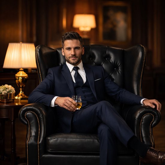 Man in pak zittend in een zwarte leren wingback fauteuil met capitons.