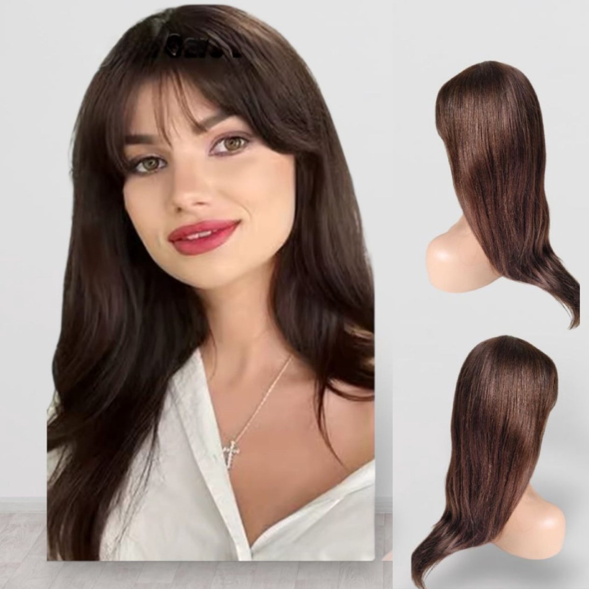 Frazimashop- Braziliaanse Remy Pruik 24 Inch – Steil Echt Menselijk Haar met Pony – Chocolade Mix Kleur – None Lace Wig- Real human hair